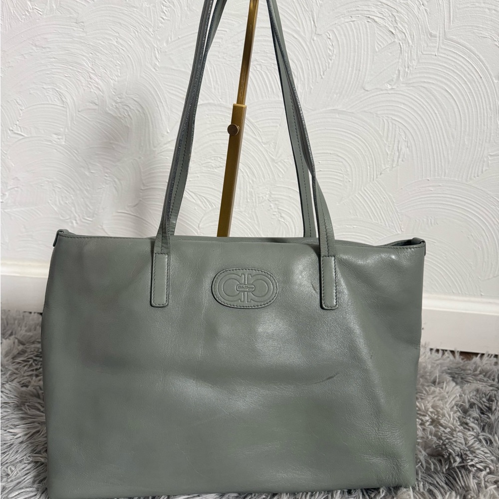Leather Shoulder Tote Bag in Sage Green - Classic Logo Detail